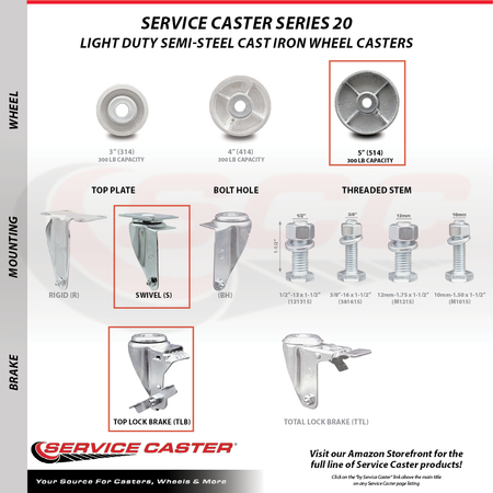 Service Caster 5 Inch Semi Steel Cast Iron Wheel Swivel Top Plate Caster Set with Brake SCC SCC-20S514-SSS-TLB-TP2-4